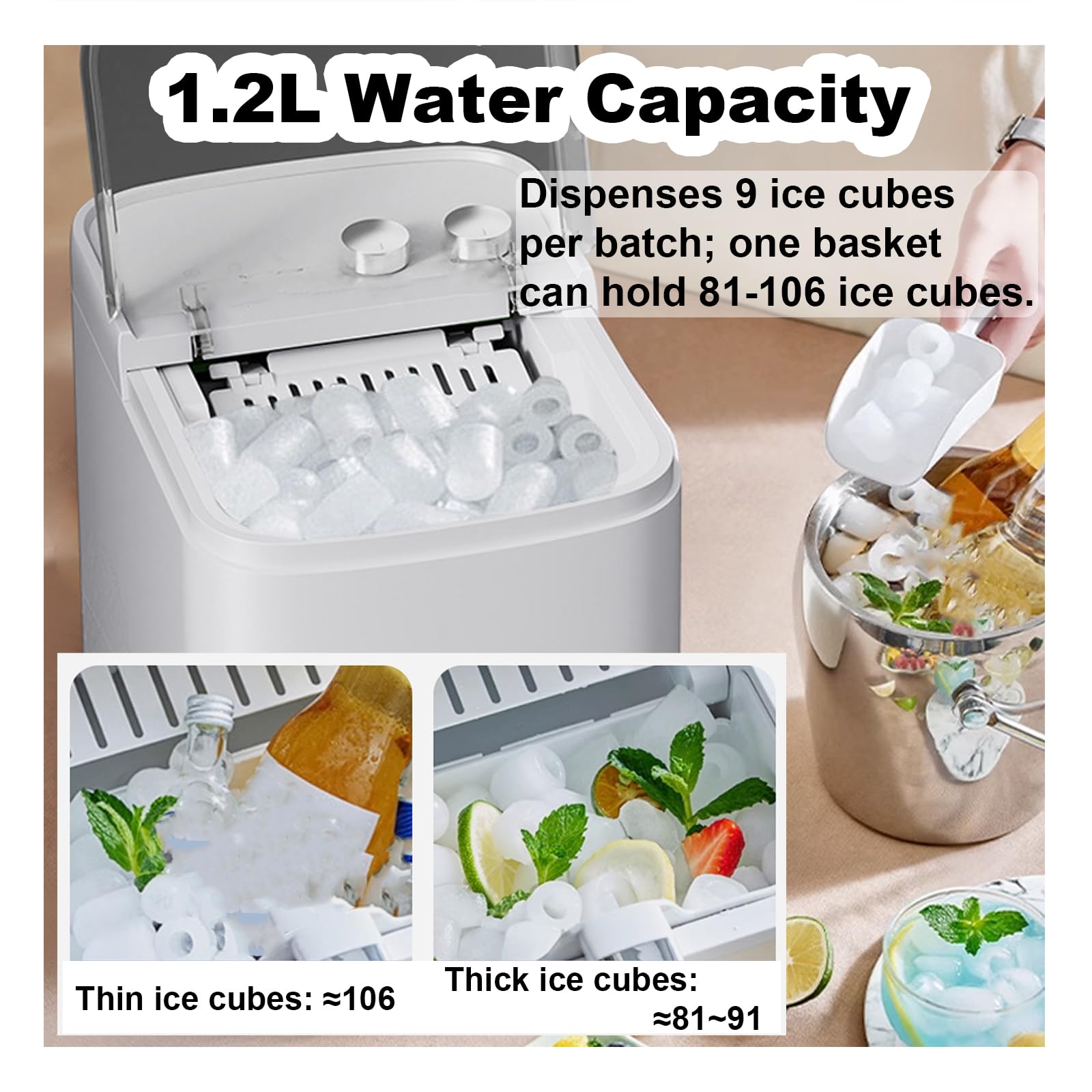 Countertop,Portable Ice Maker with 2 Size Ice Cubes, 1.2L Water Tank, 9 Ice Cubes Per Batch, for Home, Kitchen, Office wholesale product photo 7 — ASYMTON