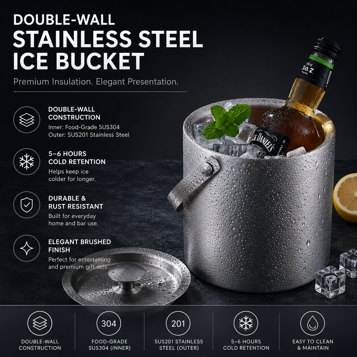 Double-Wall Stainless Steel Ice Bucket with Lid wholesale product photo 3 — ASYMTON