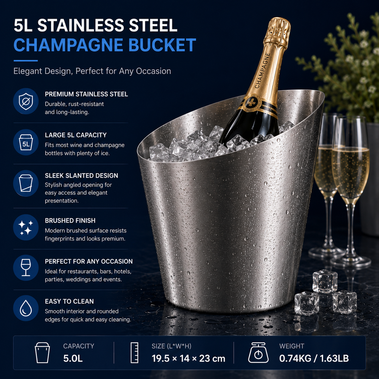 3L/5L Stainless Steel Slanted Champagne Bucket wholesale product photo 4 — ASYMTON