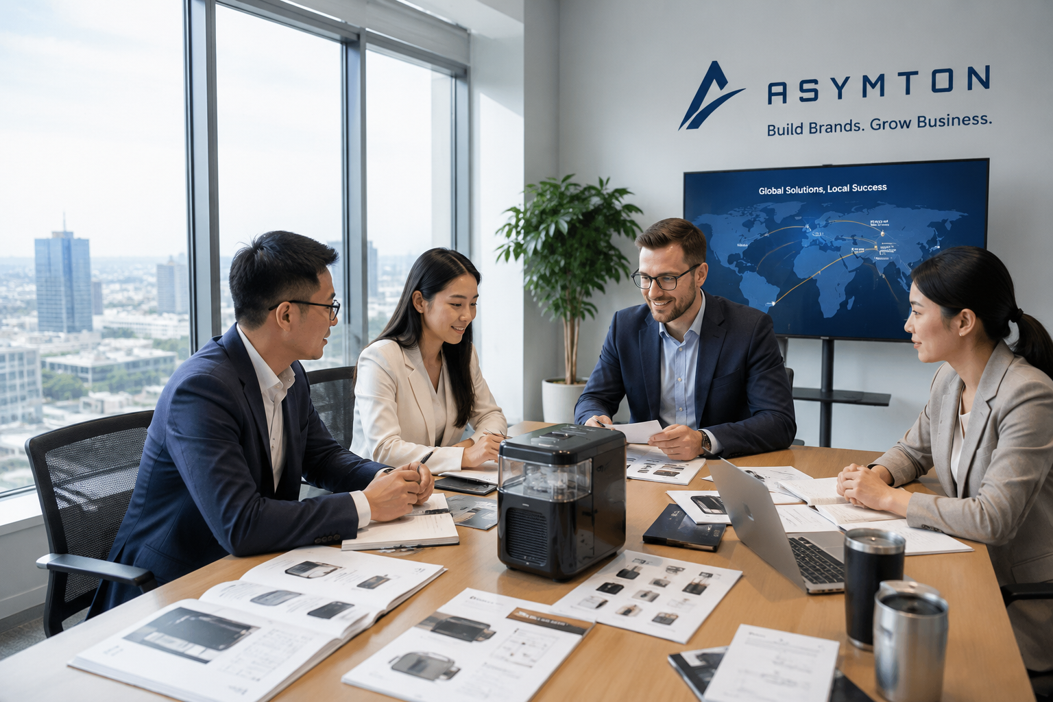 Team reviewing branded product concepts with ASYMTON